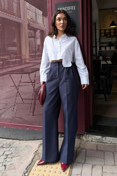 Seeh Pantaloni din stofă pentru femei, albastru bleumarin, cu picioare largi,...