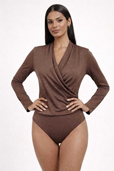eva clothing Kadın Kahverengi Kruvaze Yaka Uzun Kol Bodysuit