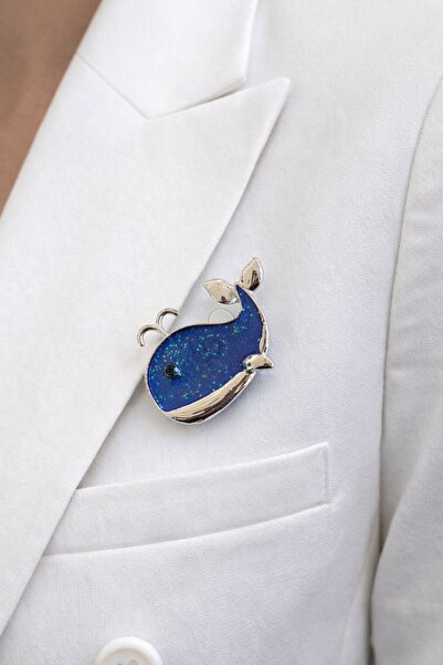 TAKIŞTIR Gümüş Ve Mavi Renk Balina Figürlü Broş