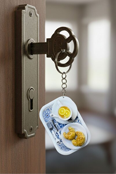 Uretti - Pınar 2572 9957 Handmade Lemon Tea and Croissant Themed Tray Keychain