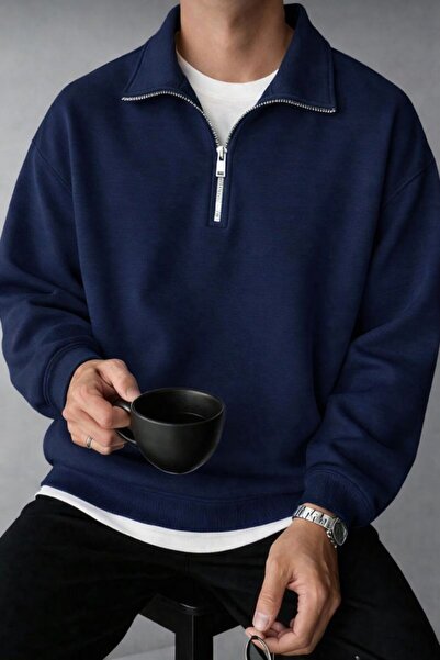 AFROGİYİM Three Thread Sh Fleece-Lined D Mock Neck Zippered Men's Sweatshirt