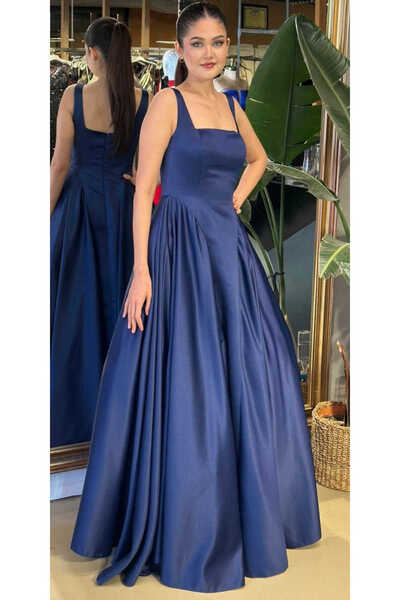 Abiyeniall Lacivert Kare Yaka Kalın Askı Kloş Etekli Tafta Uzun Abiye Elbise ...