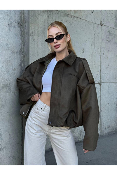 Cool & Sexy Women's Oversized Bomber Suede Coat Khaki