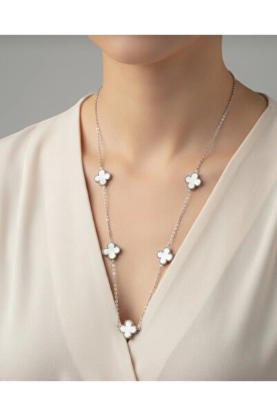 stainless steell gümüş renk beyaz taş motifli çelik kolye