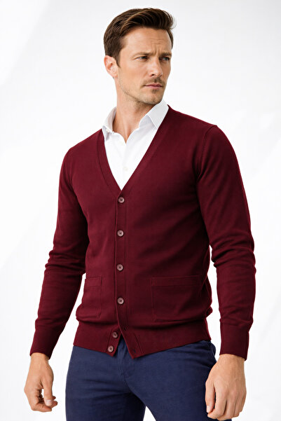 Desen Triko Men's Basic V-Neck Buttoned Front Thin Knit Cardigan Burgundy