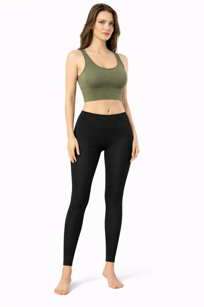 İncili Green Corded Bustier + Black Shiny Leggings Top-And-Bottom Set