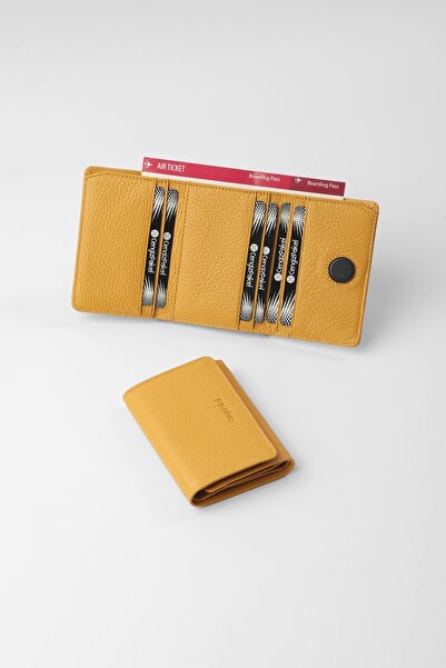 CENGİZ PAKEL Genuine Leather Unisex Wallet with Hidden Magnet Detail - 13708 - Mustard/Brown
