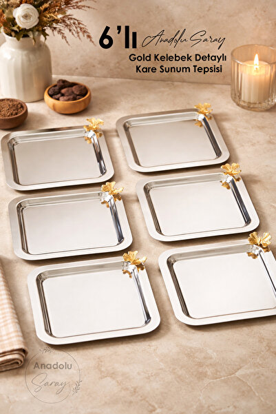 Anadolu Saray 6 Pcs Gold Butterfly Detailed Square Stainless Steel Presentation Tray |   23cm Stylish Coffee and Serving Tray