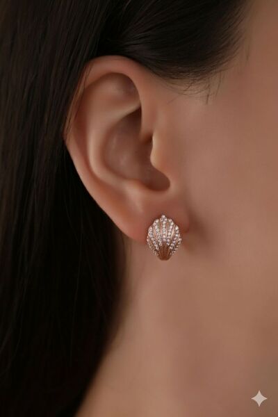 NİZANKA JEWELRY Zirkon Taşlı Midye Model J Clipsli Rose Gold 925 Ayar Gümüş Küpe