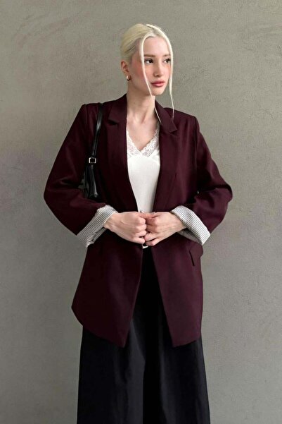 Seeh Burgundy Sleeve Patterned Blazer Women's Jacket Sh339