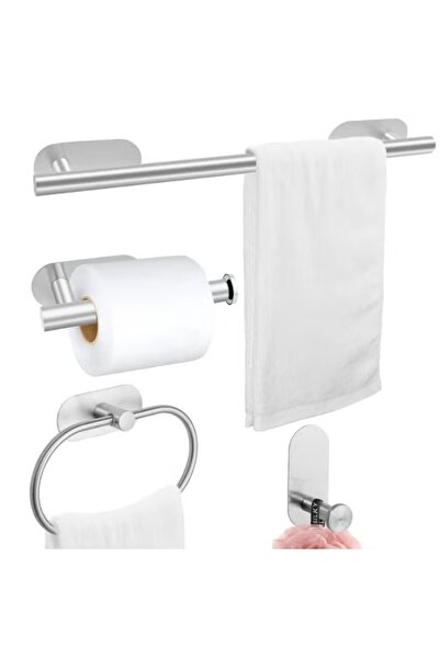 Generic مجموعة من 4 قطع من حامل المناشف وحامل ورق التواليت، مصنوعة من الفولاذ المقاوم للصدأ، ملحقات حمام ذاتية اللصق