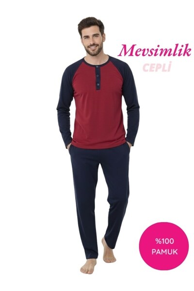 seamlife Red Men's Black 3 Button 100% Cotton Transitional Long Sleeve Pajama Set with Pockets