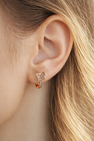Sacce Scarves&Accessories Butterfly Detailed Hoop Earrings Zircon Stone Hoop – 14 mm Rose Gold