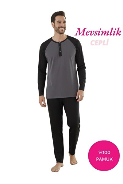 seamlife Men's Black 3 Button 100% Cotton Transitional Long Sleeve Pajama Set...