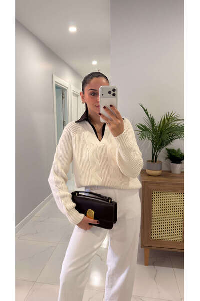 BİRCANÇİL Protte Cream Brown Collar Denim Detailed Knitwear