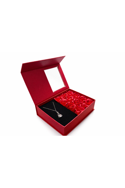 OEM Gift box with 12 artificial roses and necklace, Love Forever design, red, 18 x 13 x 5 cm