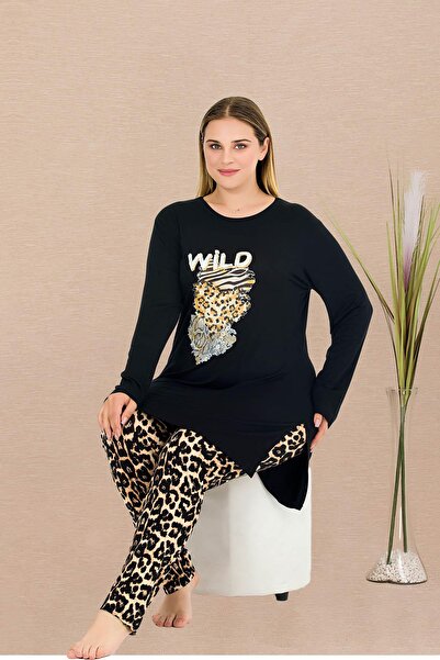 REN Set de pijamale negre pentru femei, mărime mare, cu tunica, top cu mâneci lungi cu imprimeu și cu fantă și partea de jos cu model leopard