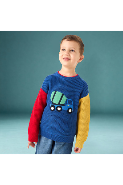 Juniors Construction Vehicle Embroidered Sweater with Long Sleeves