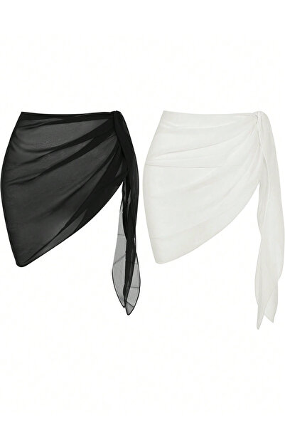 İntive Lingerie Women's Black and White Transparent Waist Tie Pareo 2-Piece