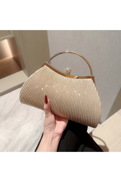 Tcherchi Pleated Glittering Metal Chain Gold Sparkling Bag, Wedding Bag Speci...