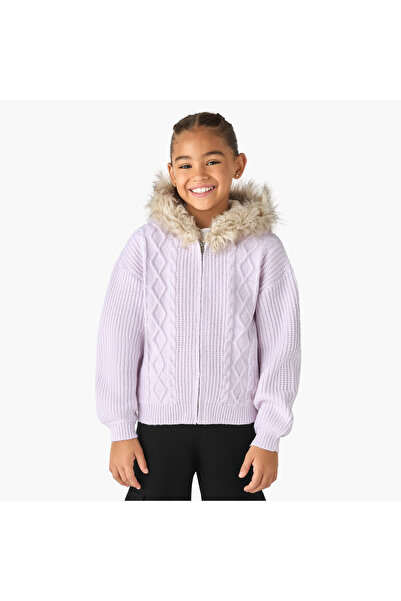 Juniors Cable Knit Faux Fur Cardigan with Zip Closure