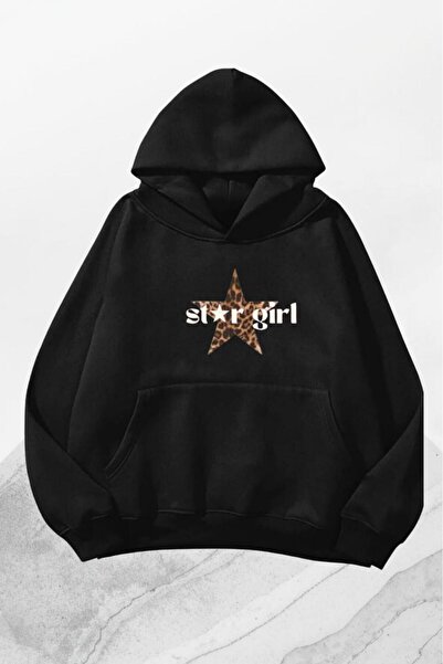 CAST COLLECTİON Дамска черна суитшърт с качулка и леопардов принт