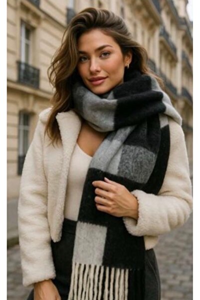 Benann Women's Gray Black Patterned Scarf - Shawl