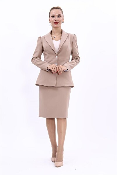 ÖNDER ÖZSOY Collared Model Jacket & Short Pencil Skirt Women's Suit-Stone