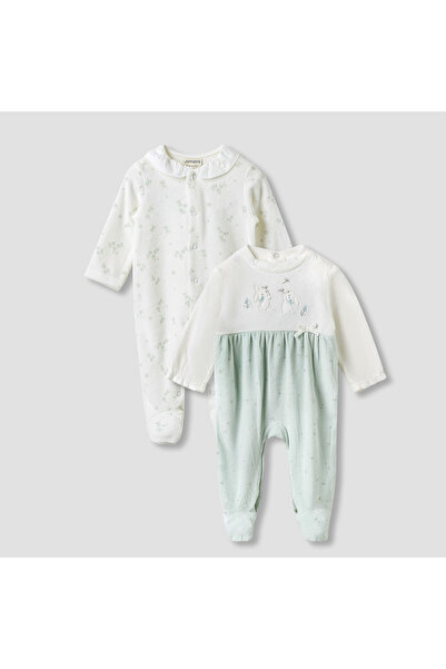 Juniors طقم بيجاما بياقة وأقدام مغلقة - مخملي - أكمام طويلة - قطعتان