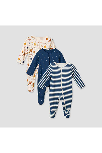 Juniors طقم نوم مطبوع بأكمام طويلة وسحاب للإغلاق - مجموعة من 3 قطع