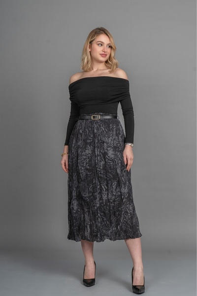MissVina Kraş Elastic Waist and Belt Lined Midi Skirt 6852