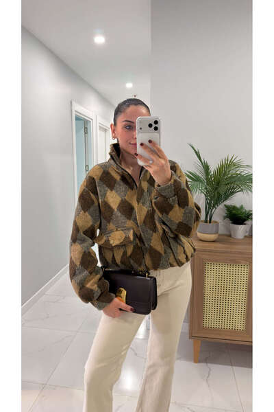 BİRCANÇİL Nedra Brown Baklava Patterned Jacket with Pocket Detail
