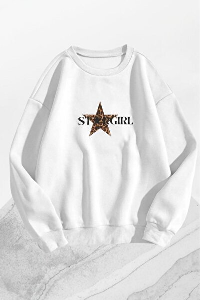 CAST COLLECTİON Hanorac alb cu imprimeu leopard Stargirl pentru femei, cu gât...