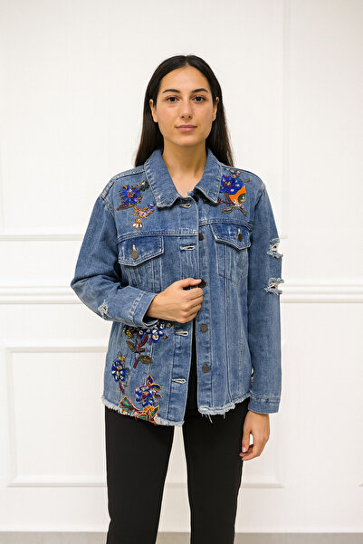 atölyekaftanbutik Ethnic Pattern Embroidered Women's Denim Coat Jacket