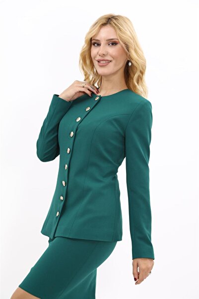 ÖNDER ÖZSOY سترة نسائية أنيقة بأزرار وياقة دائرية - زمرد