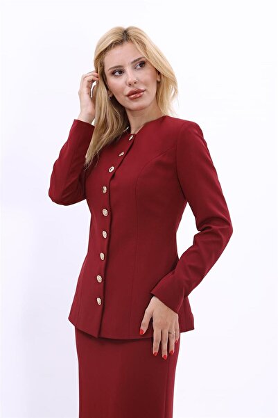 ÖNDER ÖZSOY Sıfır Yaka Düğmeli Şık Kadın Ceket-Bordo
