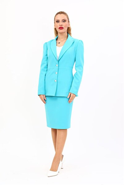 ÖNDER ÖZSOY بدلة نسائية مكونة من جاكيت بياقة وتنورة قلم رصاص قصيرة - لون فيروزي