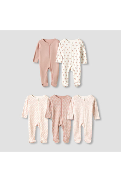 Juniors طقم بيجاما بياقة دائرية وأقدام مغلقة - قطن - أكمام طويلة - 5 قطع