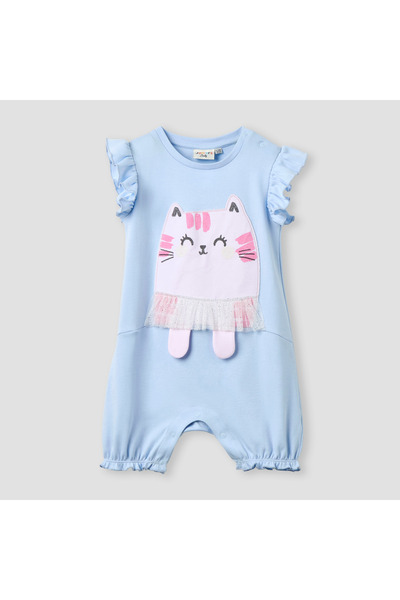 Juniors جمبسوت مزين بتطريزات على شكل قطة مع إغلاق بأزرار وأكمام مكشكشة