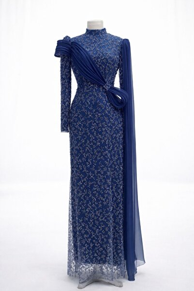 Abiye's Saks Mavi Taş İşlemeli Asimetrik Detaylı Tesettür Abiye Elbise – Özel Tasarım