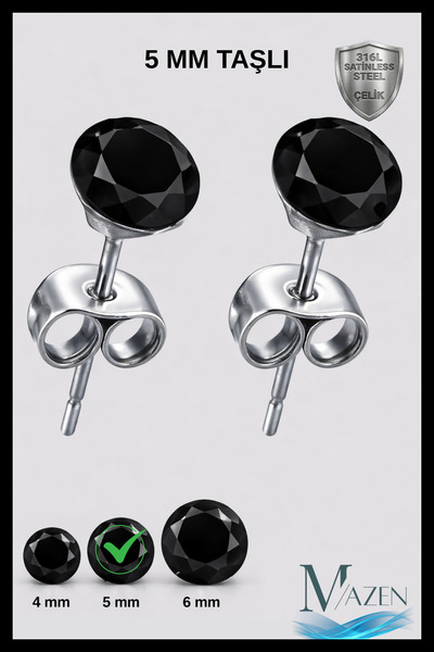 MAZEN Black Single Stone Women's Men's Steel Earrings |   Flat Model |   4 mm Stone |   Non-Tarnishing Steel Antiallergic