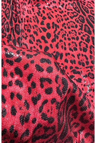 WHOTEX Kırmızı Leopar Desenli Payetli Kumaş