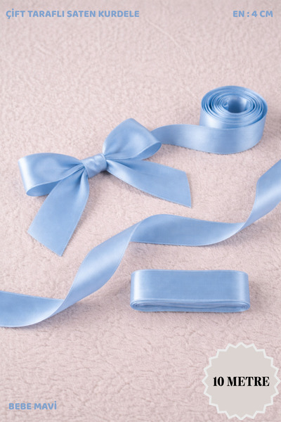 Mortex Bebe Mavi Saten Kurdele 4 cm 10mt - Bohça, Nikah, Nişan, Çeyiz, Hediye...