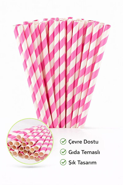 NASYONEL TOYS Pembe Beyaz Çizgili Kağıt Pipet | Doğum Günü & Parti Pipeti | Ç...