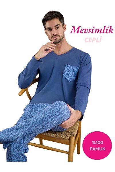 seamlife Men's Patterned Buttonless V-Neck 100% Cotton Transitional Long Slee...