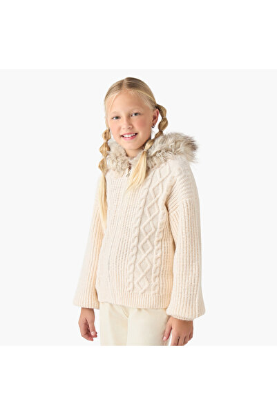 Juniors Cable Knit Faux Fur Cardigan with Zip Closure