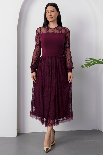 PULLIMM Rochie din dantelă cu mâneci lungi cu decolteu în formă de O 6197