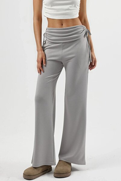 Hiccup Modal Textured High Waist Wide Leg Ruched Detail Pants Berşan Collection