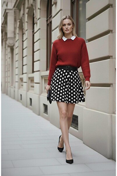 Linich&Co Polka Dot Black and White Mini Flared Skirt with Elastic Waist