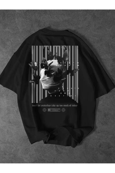 Joetsu Unisex Kelebek Printed Oversized Black T-Shirt